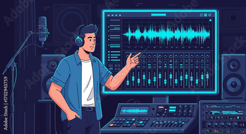 Cartoon man producing audio in a home studio with professional sound equipment and software