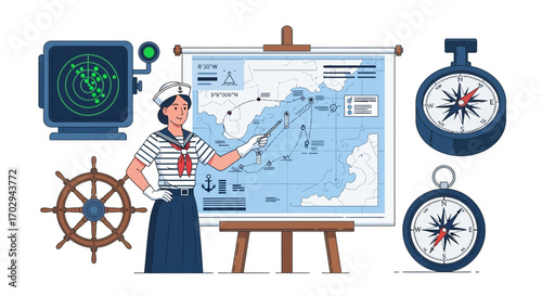 Cartoon illustration of a woman in a sailor outfit planning a voyage on a nautical chart