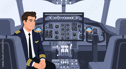 Cartoon pilot in cockpit, illustration showing aviation professionals and technology, travel and