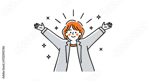 Radiant woman celebrating success with open arms, exuding joy and achievement in a modern, minimalist style.