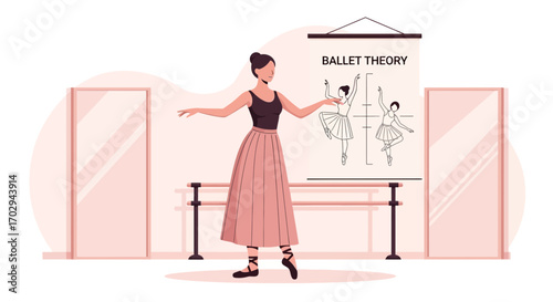 Elegant ballet dancer practicing in studio with ballet theory poster backdrop