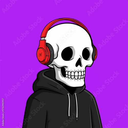 A skull in a black hoodie listens to music with red headphones against a vibrant purple background, conveying a modern, edgy vibe.