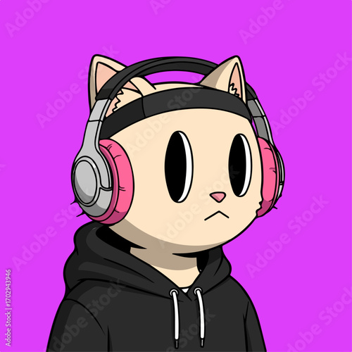 A stylish cartoon cat wearing headphones and a hoodie against a vibrant purple background, conveying a cool and mellow vibe.