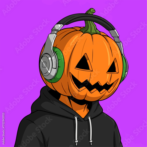 A jack-o'-lantern wearing headphones listens to music, radiating a playful Halloween vibe against a purple backdrop.