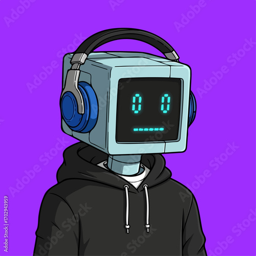 A melancholic robot, wearing headphones and a black hoodie, listens to music against a vibrant purple backdrop.