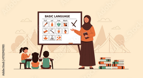 Female muslim teacher teaches basic language skills to students in a classroom setting