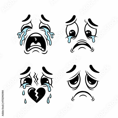 Four cartoon faces express various levels of sadness and heartbreak, showcasing tears, downturned eyes, and a broken heart.