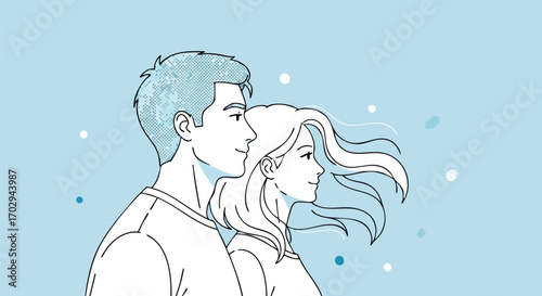 Modern couple looking forward together, symbolizing unity, future, and shared dreams in a clean style