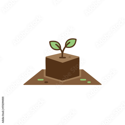 This minimalist illustration depicts a vibrant green seedling with two leaves emerging from a perfectly cubic block of fertile brown soil, symbolizing new life and sustainable growth.