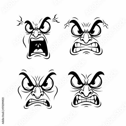 Four angry cartoon faces expressing intense rage, frustration, and fury with exaggerated features against a plain white background.