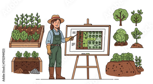 Illustration of a farmer explaining a garden plan, promoting sustainable agriculture and gardening