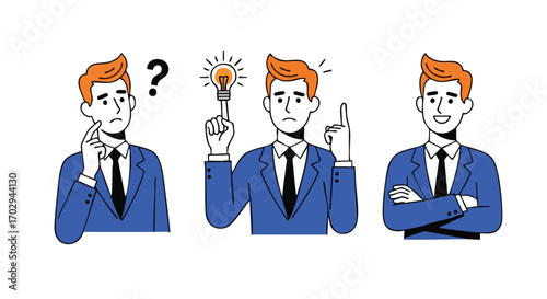 Man thinks, finds idea, then confidently presents solution with a smile