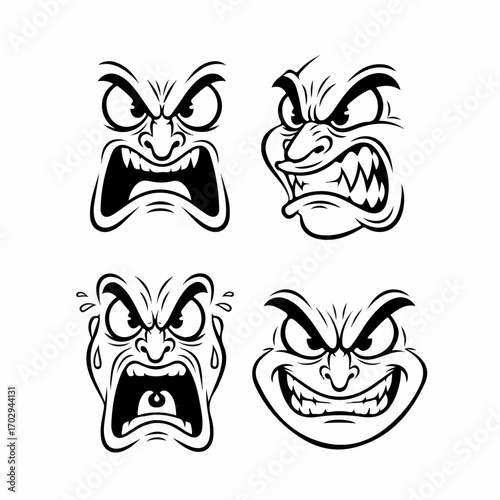 Four cartoon faces express extreme anger, rage, and frustration in a bold, black-and-white illustration.