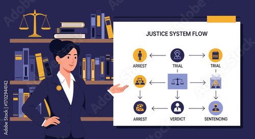 Illustration of a lawyer explaining the justice system flow process and legislation process in court