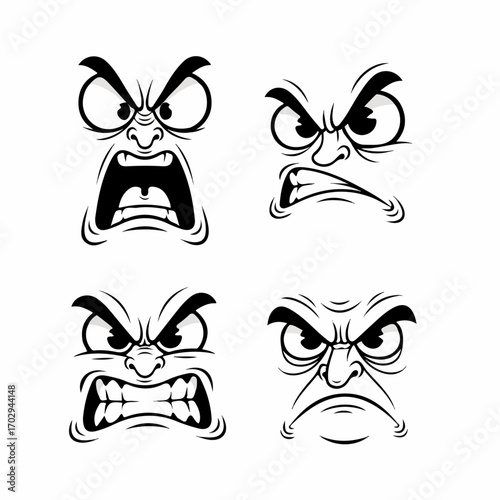 Four cartoon faces express varying degrees of intense anger and frustration, showcasing a range of furious expressions.