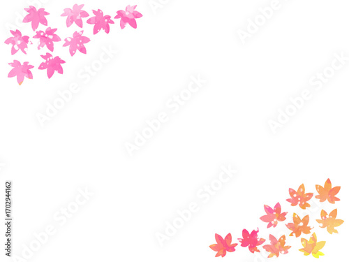 モミジの紅葉イメージの背景素材。水彩風テクスチャー。葉っぱのシルエット。かわいい色調。光の粒子や水滴の輝き。コーナータイプ。左上と右下にあしらい。
