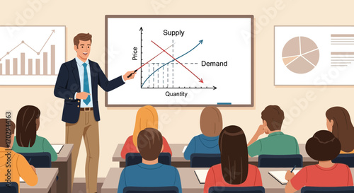 Illustration of a teacher explaining the concept of supply and demand to students in a classroom