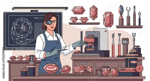 Illustration of a skilled jeweler working with precision on gemstones in her workshop