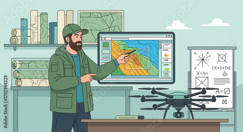 Illustrative scene featuring a surveyor utilizing drone technology for mapping and analysis