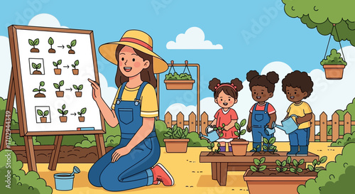 Illustrative scene of a teacher educating children about plant growth stages in a garden setting
