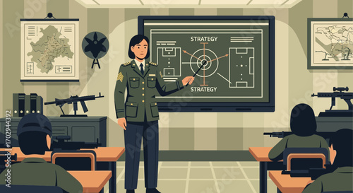 Military strategy briefing instructor explaining tactics to cadets in classroom setting