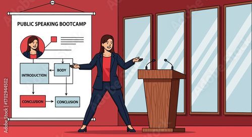 Professional woman leading a public speaking bootcamp seminar with illustration and presentation