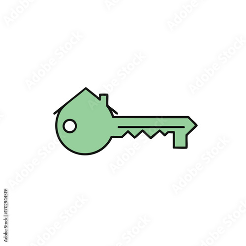 A minimalist green key with a house-shaped head symbolizes home ownership, real estate investment, and securing a new property.