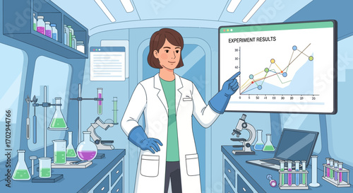 Woman scientist presenting experiment results with research equipment in laboratory illustration