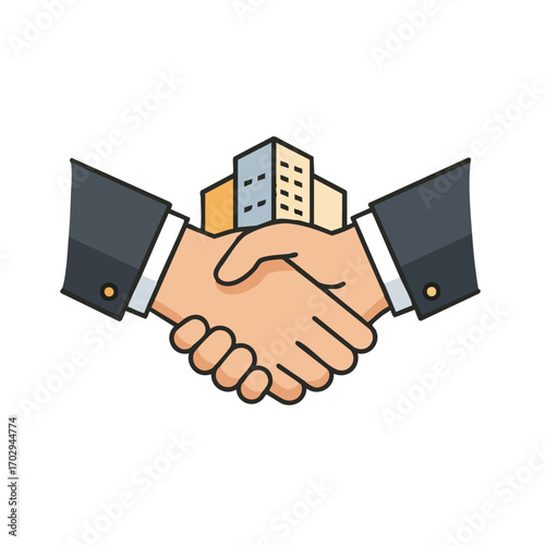A clean vector illustration of a firm handshake against city buildings, symbolizing a successful business deal, real estate agreement, and property investment.