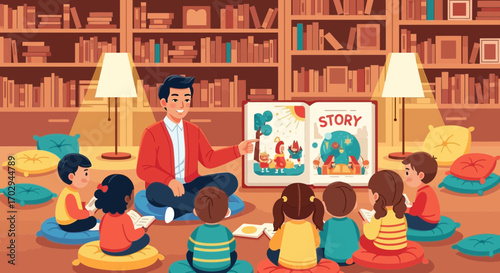 A teacher tells stories to children sitting on pillows in a colorful library illustration for