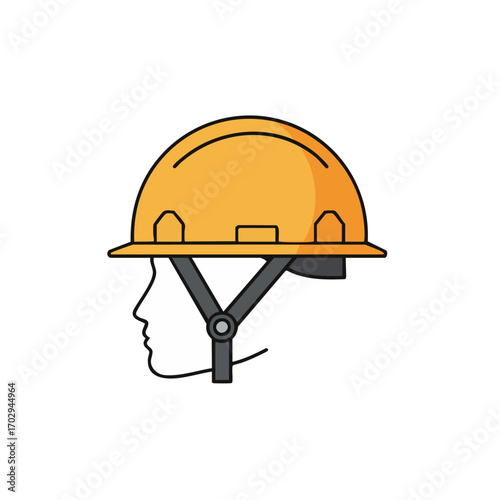 A distinct yellow safety hard hat, vital for head protection in various industrial and construction settings, is clearly illustrated in a side-profile view.