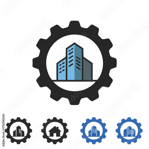 This clean vector graphic features a prominent gear icon enclosing modern city buildings, symbolizing efficient urban development, construction, and real estate.