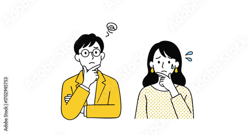 Couple contemplating tough decisions, seeking solutions with worried expressions and furrowed brows