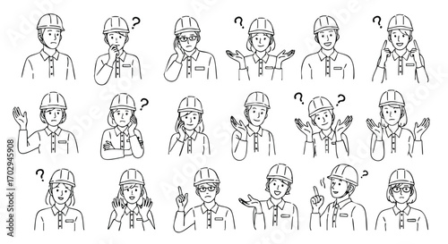 Diverse construction workers express confusion, thought, and curiosity with expressive line art faces.