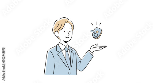 Confident businessman presents innovative product solution with a smile, showcasing modern business success.