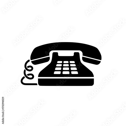Black vector icon of a classic wired desk phone representing communication, office, and customer service.