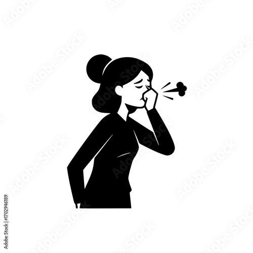 Female sneezing icon symbolizing flu, allergy, illness, and respiratory problems.
