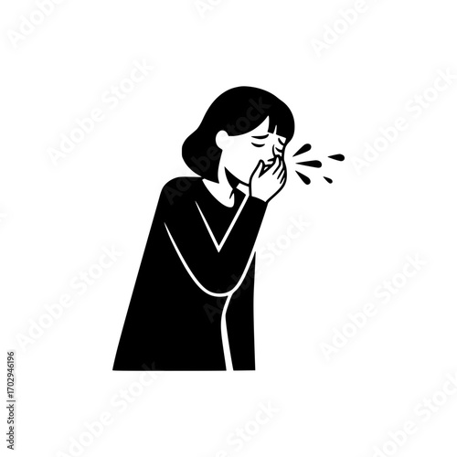 Female sneezing silhouette icon symbolizing allergy, illness, flu, and seasonal sickness.