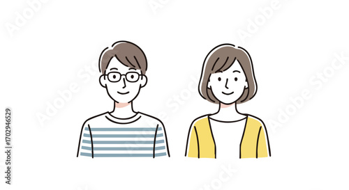 Friendly couple smiling, diverse representation in clean illustration style for modern projects