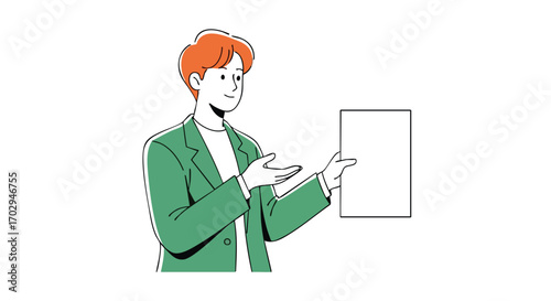 Presenting new data trends with confident style Man in green suit holding blank page ready for your content