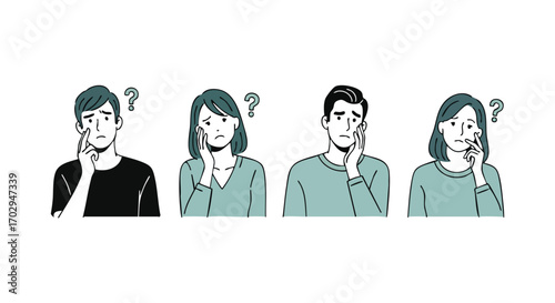Confused people pondering difficult questions with thoughtful expressions and question marks above heads