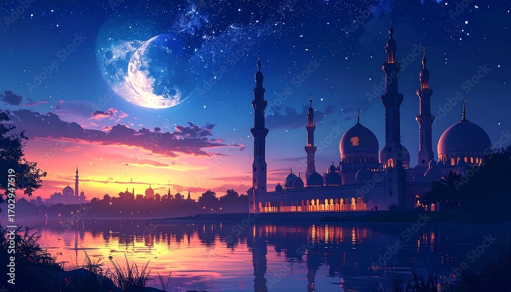 Fototapeta premium Mystical mosque at twilight reflected in water