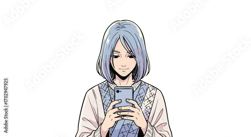 Anime woman smiling, using phone for texting, social media, or gaming in casual style illustration