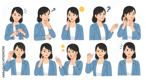 Pensive businesswoman expressions convey thoughtful moods for diverse marketing and advertising concepts today