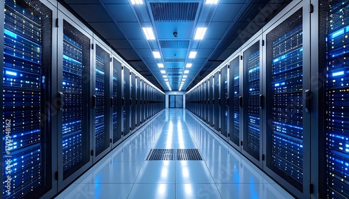 Interior of a data center, showcasing rows of server racks with bright blue lights creating a futuristic and technical aesthetic