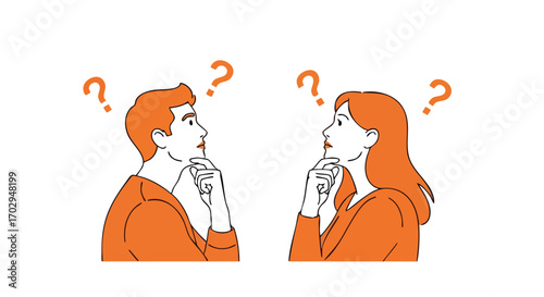 Curious couple pondering important questions together with thoughtful expressions and floating question marks