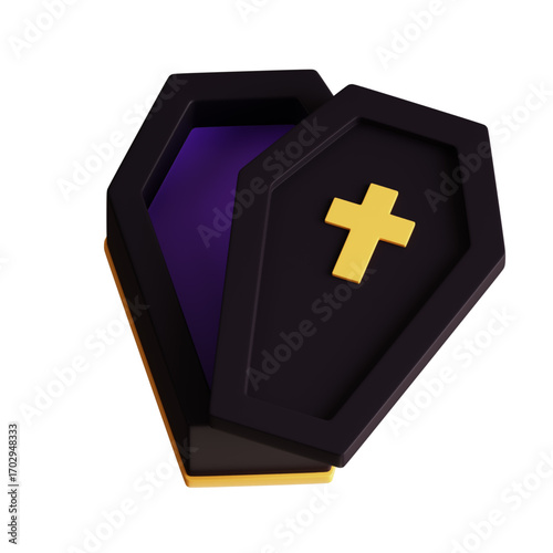 A starkly rendered 3D illustration of an open, ominous black coffin with a vibrant purple interior and a prominent golden cross, symbolizing death, finality, and solemnity