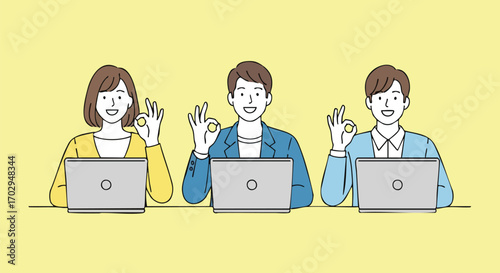 Team members confidently give OK sign while working on laptops, signifying success and approval