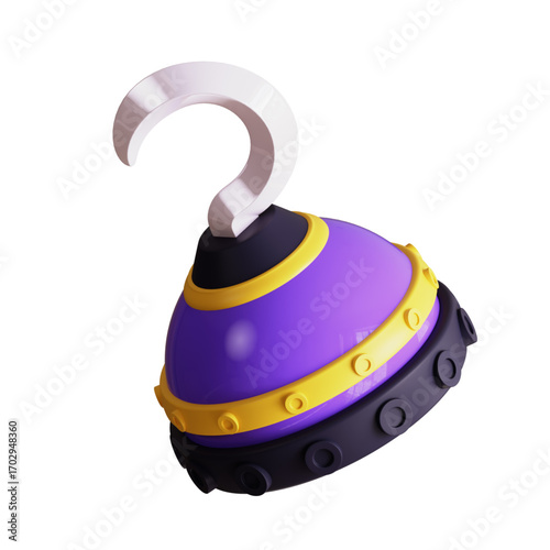 A detailed 3D render of a stylized purple pirate hook icon, representing a classic buccaneer hand prosthesis, isolated on a white background