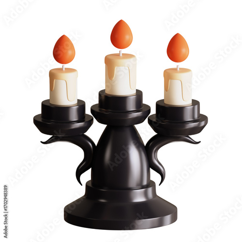 A detailed 3D illustration of an elegant black candelabra with three burning wax candles, isolated on a white background